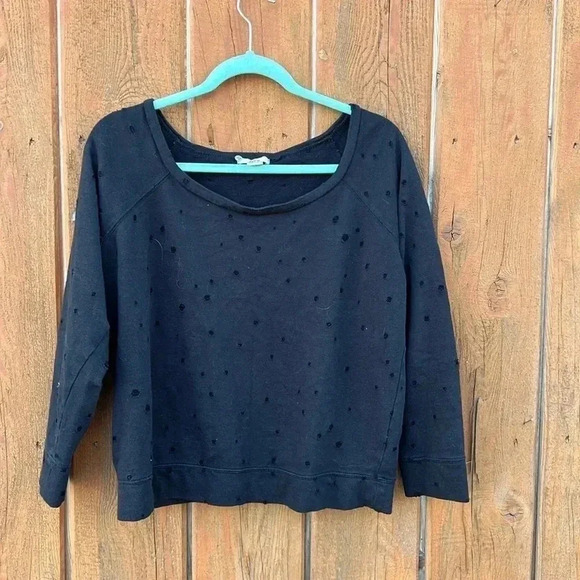 WOMENS BAR III BLACK‎ LONG SLEEVED DISTRESSED LONG SLEEVE HOLEY SHIRT - Picture 1 of 6